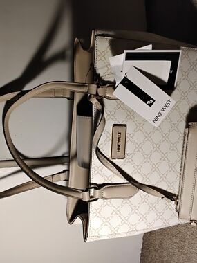 Nine West Cream Logo-Pattern Tote with Gold Plaque